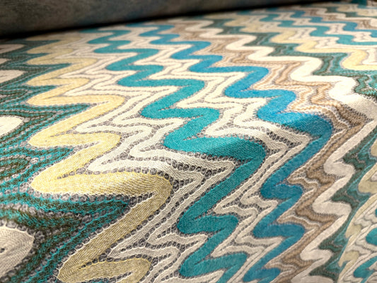 Wool blend heavyweight jacquard fabric, per metre - zigzag wave - turquoise & cream