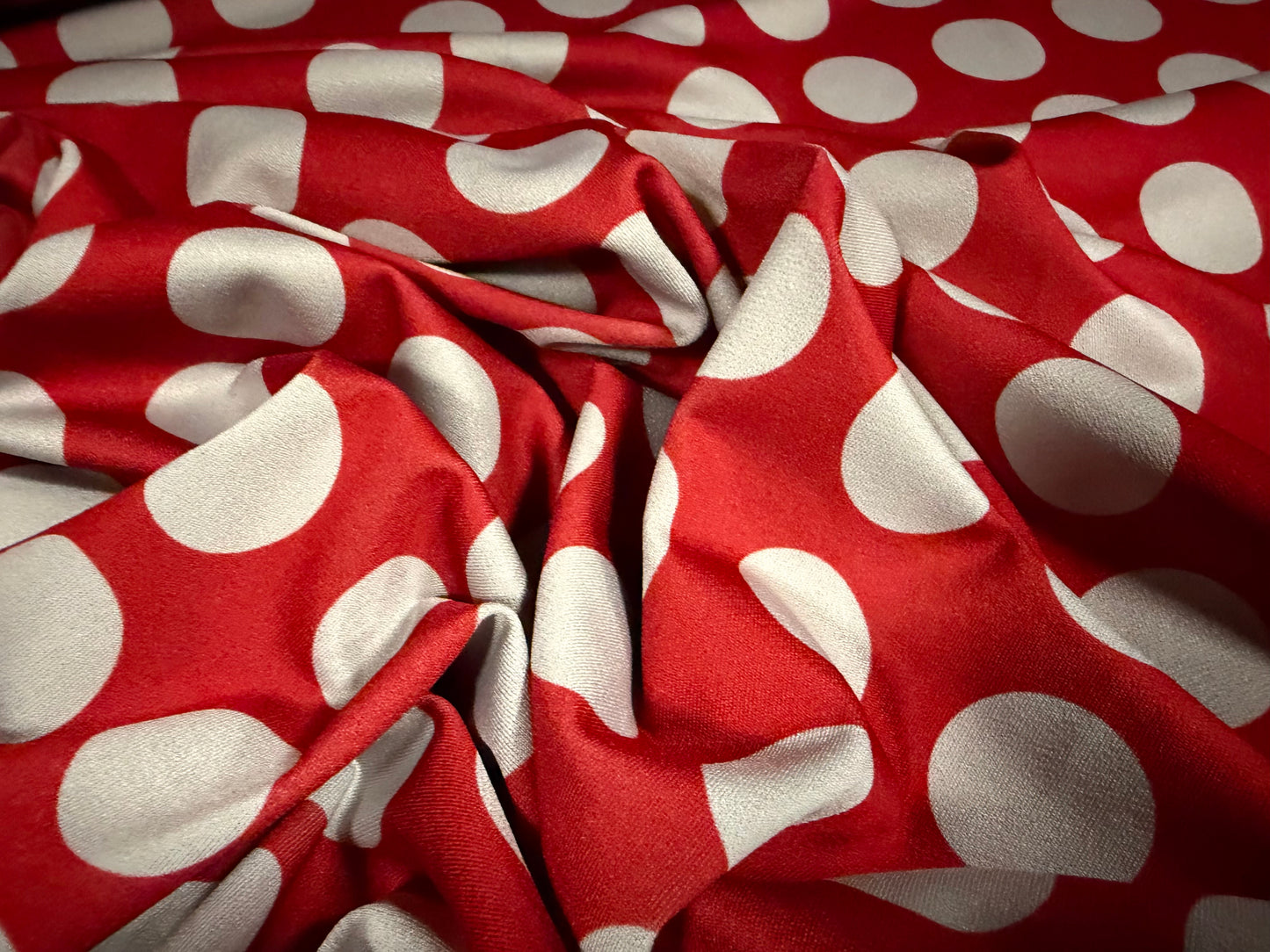 Stretch spandex crepe jersey fabric, per metre - polka dot print - red & grey