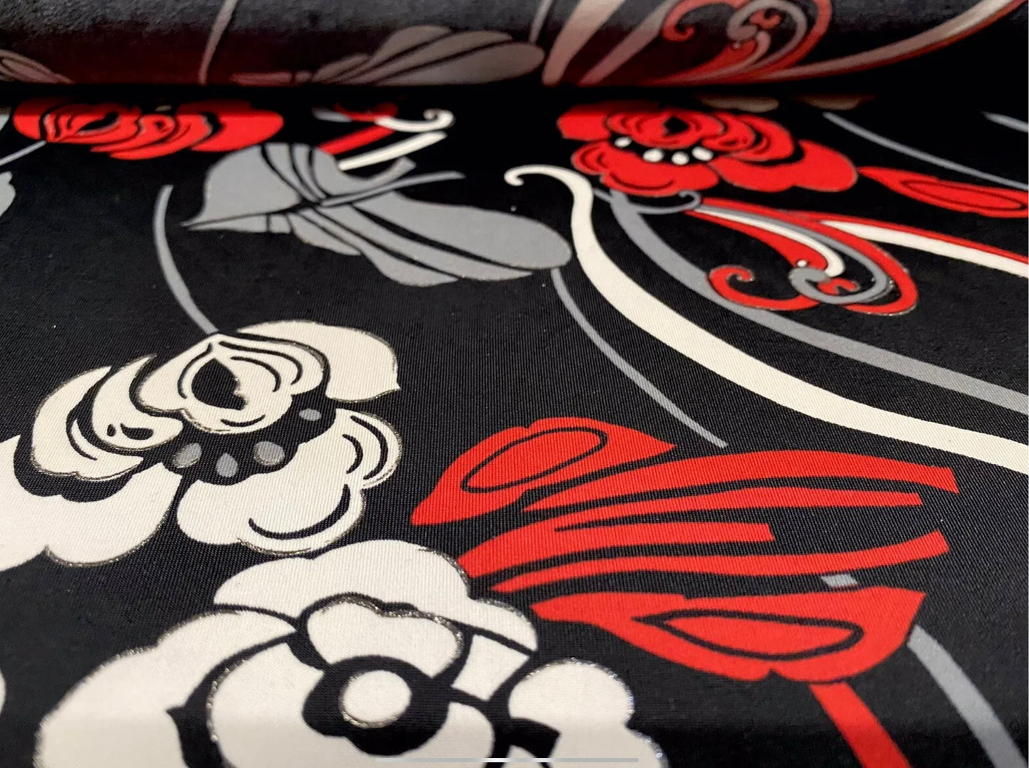 Stretch spandex single jersey fabric, per metre - floral print with glitter - red black & white