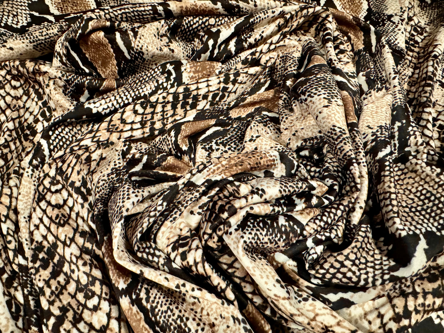 Stretch spandex Jersey fabric, per metre -snakeskin animal print - black & beige