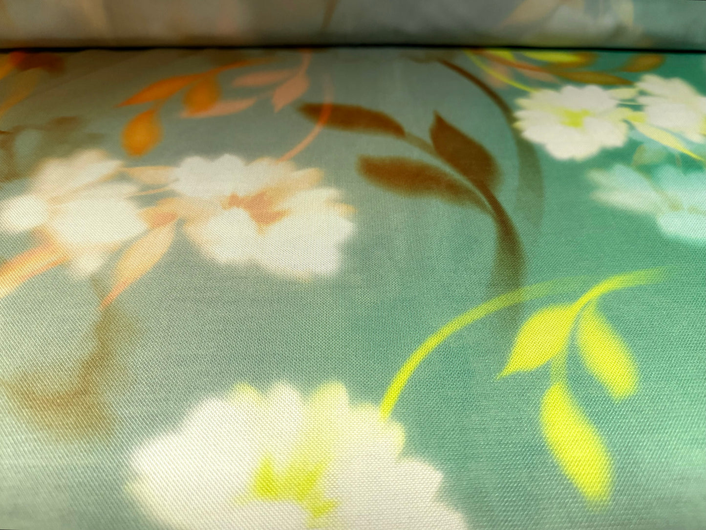 Power mesh net stretch spandex fabric, per metre - floral print - pastel jade