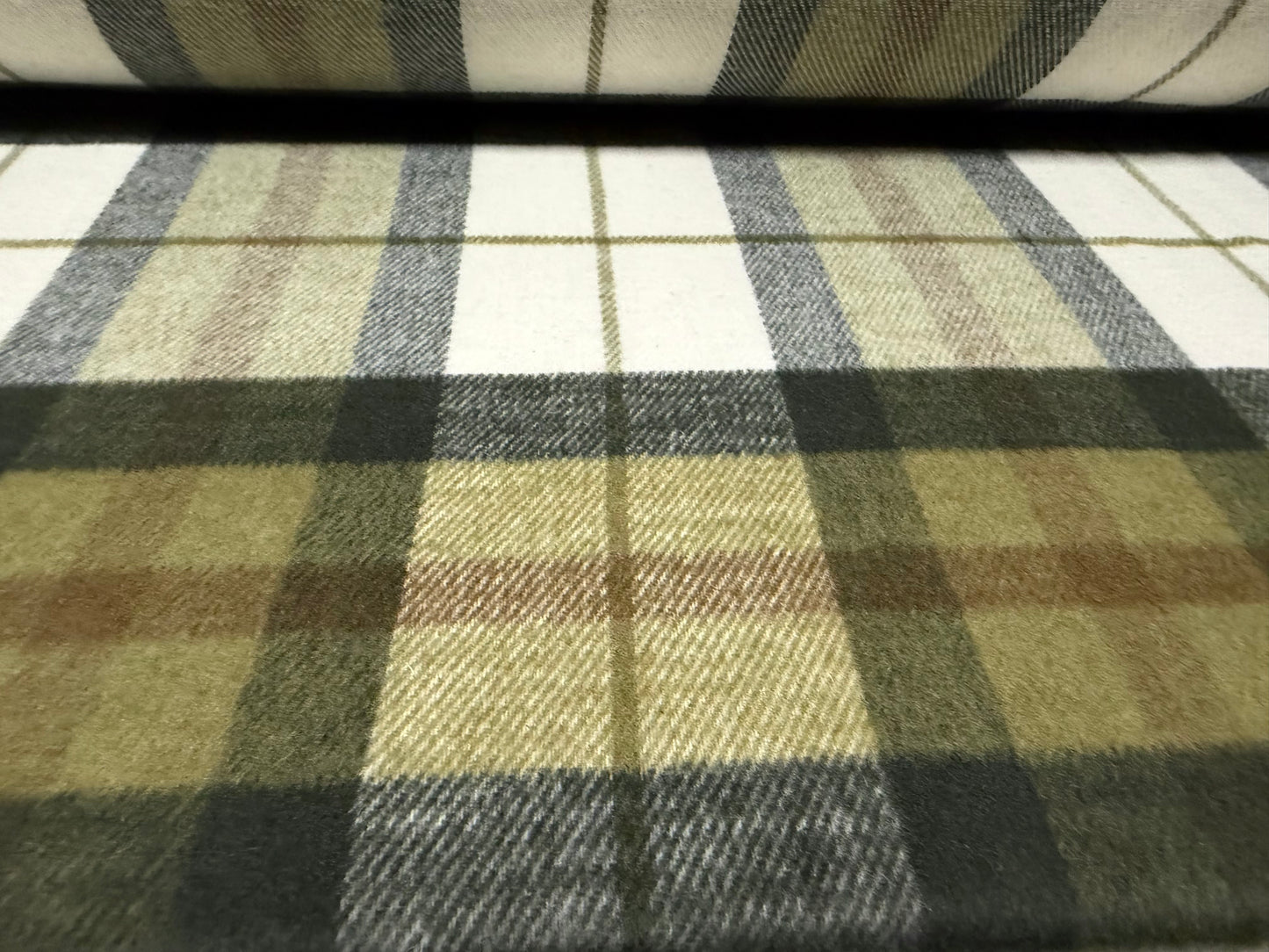 Wool flannel coat jacket fabric, per metre - tartan check - sage green & ivory
