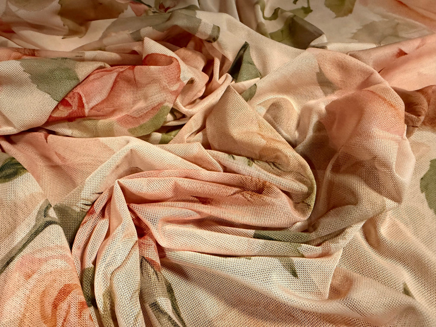 Power mesh net stretch spandex fabric, per metre - roses print - peach melba