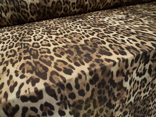 Power mesh net stretch spandex fabric, per metre - ocelot animal print - taupe & beige