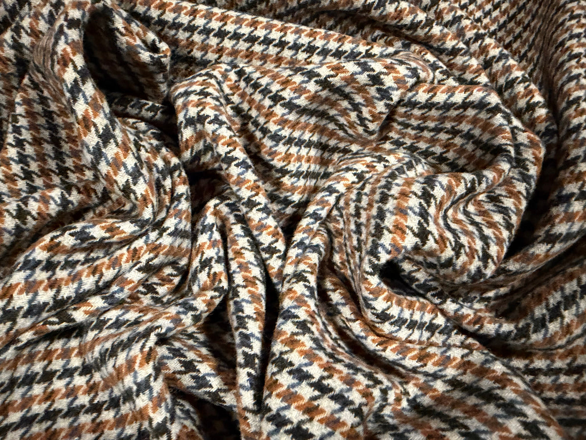Wool flannel coat jacket fabric, per metre - dogtooth - brown & light grey