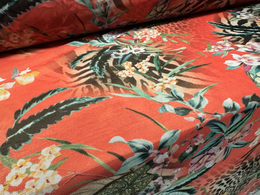 Power mesh net stretch spandex fabric, per metre - jungle flowers & animal print - coral pink