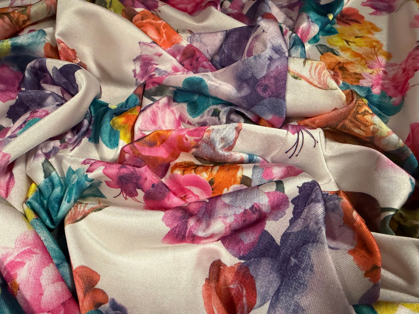 Stretch spandex single jersey fabric, per metre - garden blooms print - multicolour