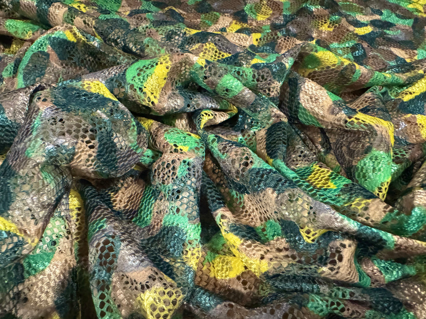 Stretch spandex lace fabric, per metre - stylised animal print - green & yellow