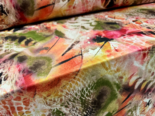 French Terry loopback sweatshirt jersey fabric, per metre - feathers and animal print - pink & green