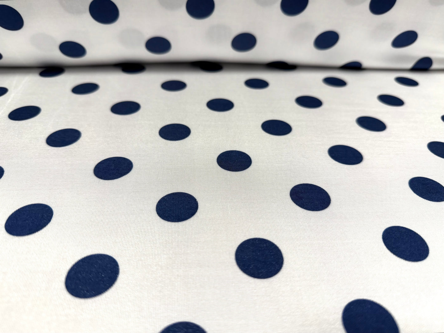 Stretch spandex single jersey fashion fabric, per metre - polka dot print - white & navy blue