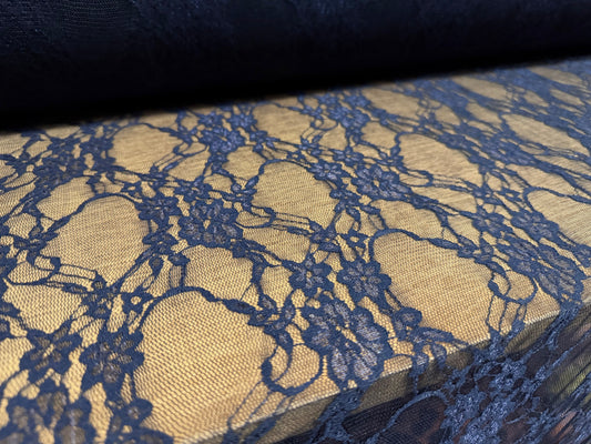 Stretch spandex mesh lace net fabric, per metre - floral - dark navy blue