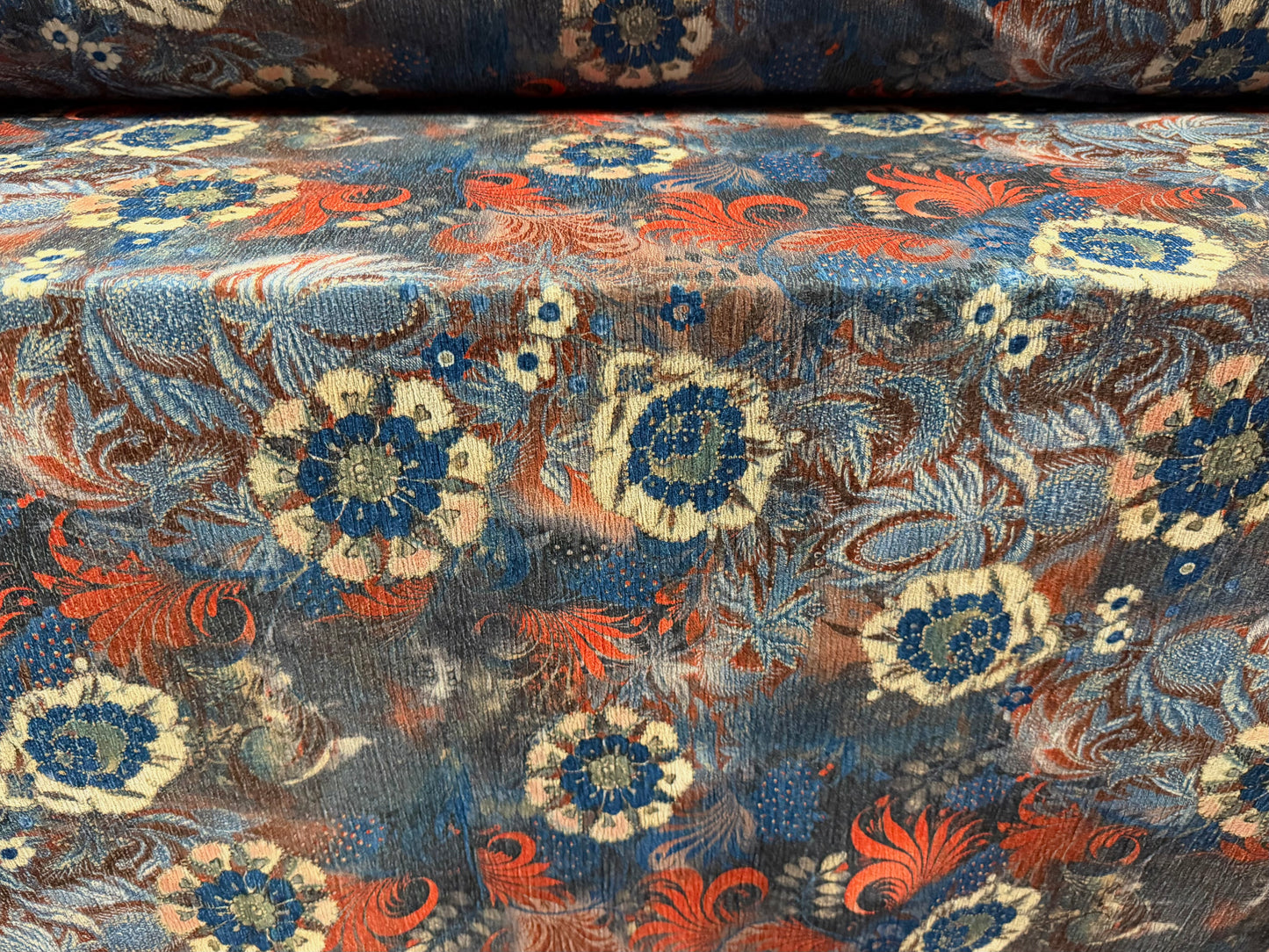 Crinkle crepe stretch woven fabric, per metre - paisley floral print - washed denim & orange