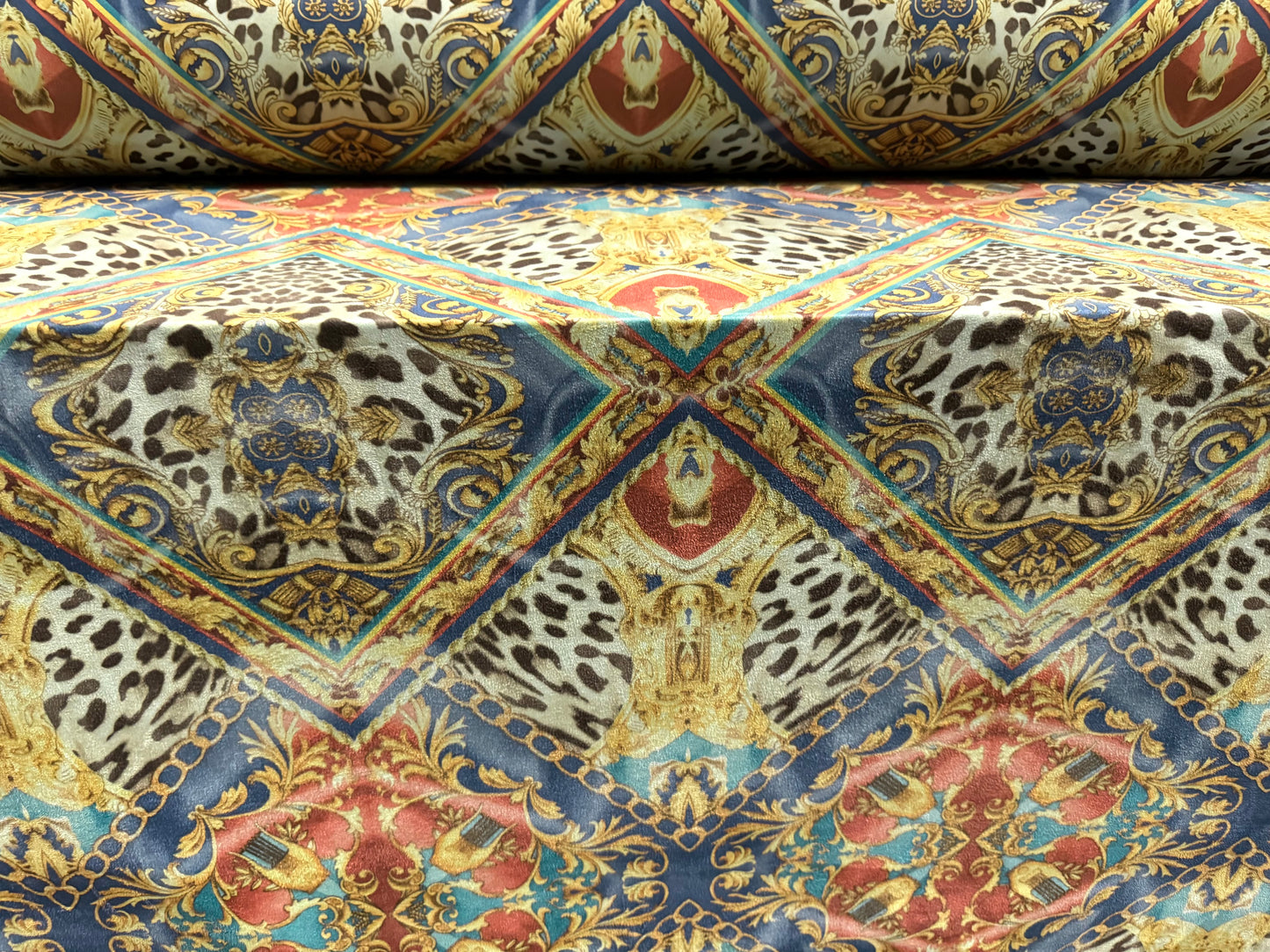 Faux suede stretch spandex jersey fabric, per metre - leopardskin & gold chains print - multicolour