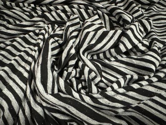 Super stretch metallic viscose single jersey fabric, per metre - stripe - grey & black with gold lurex fleck