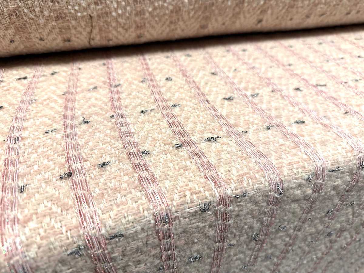 Heavyweight wool bouclé fabric, per metre - herringbone - pink metallic stripe