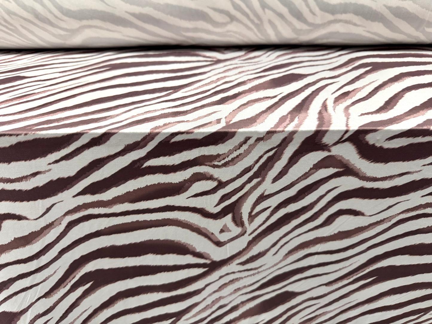 Soft touch stretch spandex single jersey fabric, per metre - zebra animal print - cappucino