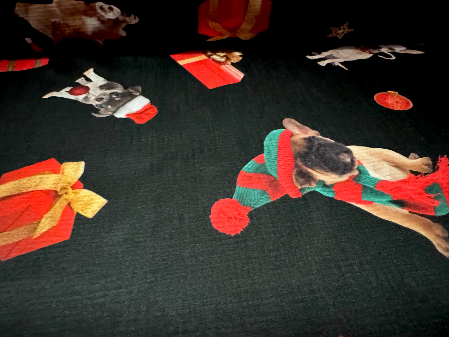 Straw cloth textured jersey fabric, per metre - Christmas Puppy print - black & red