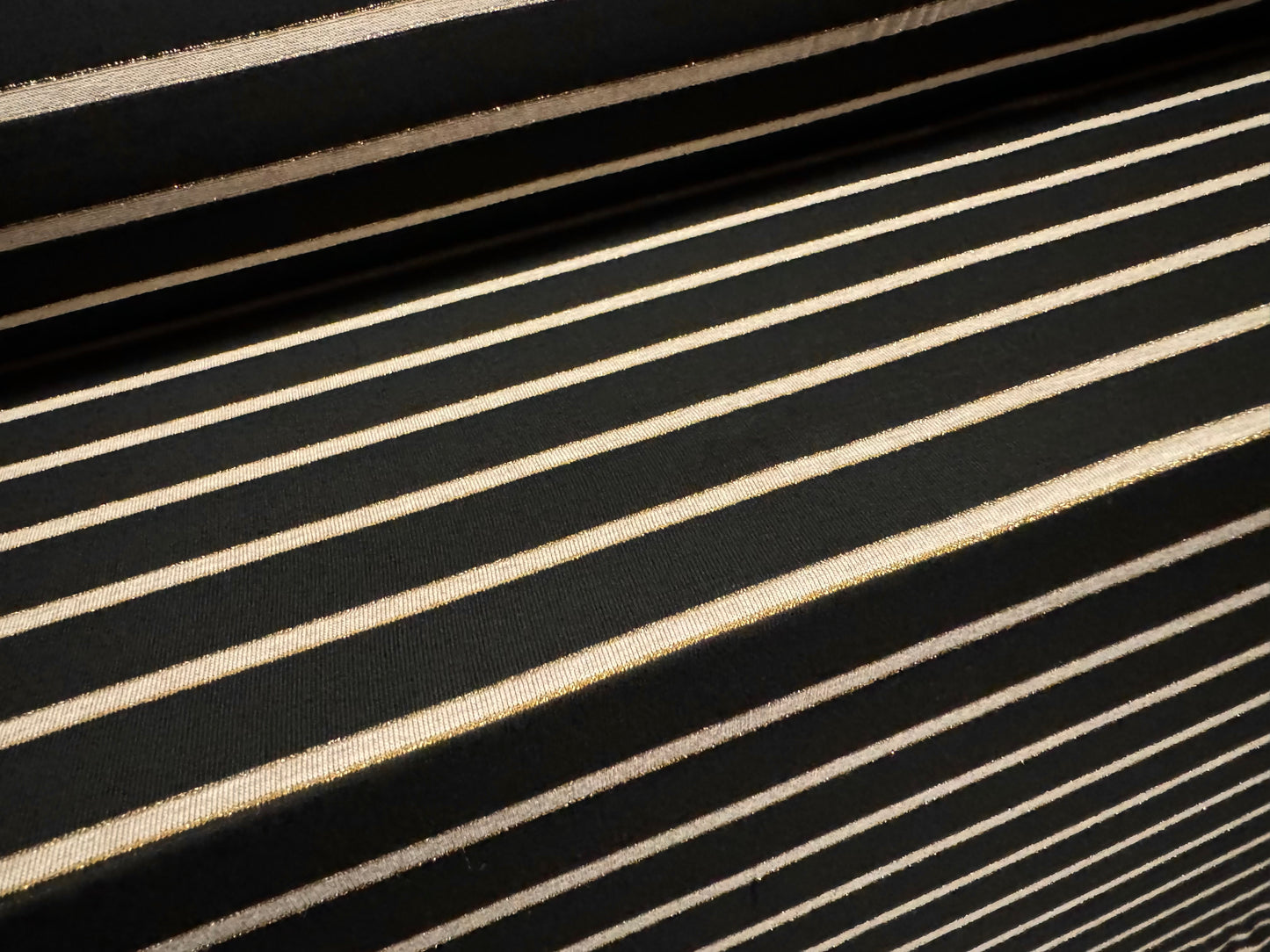 Metallic viscose spandex stretch single jersey fabric, per metre - lurex stripe - black cream & gold