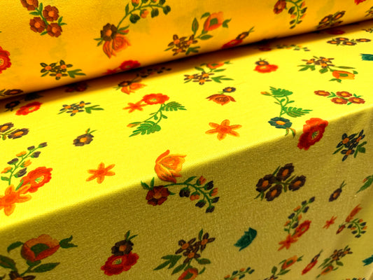 French Terry loopback sweatshirt jersey fabric, per metre - pretty flowers print - yellow