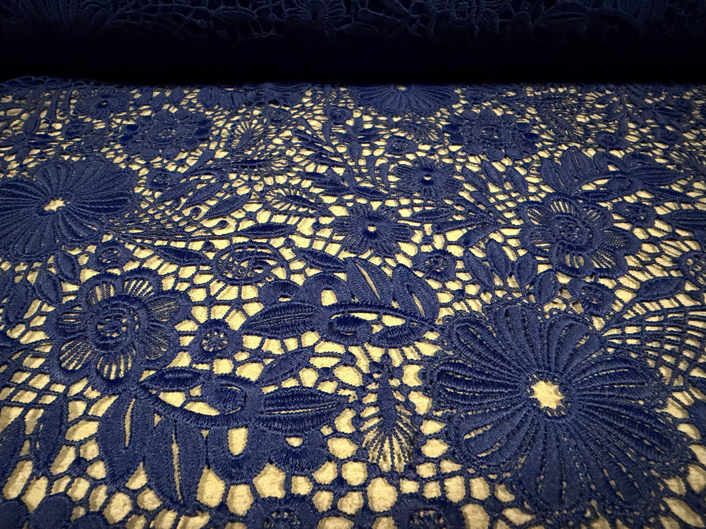 Cutwork embroidered couture lace dress fabric with decorative border, per metre - floral - navy