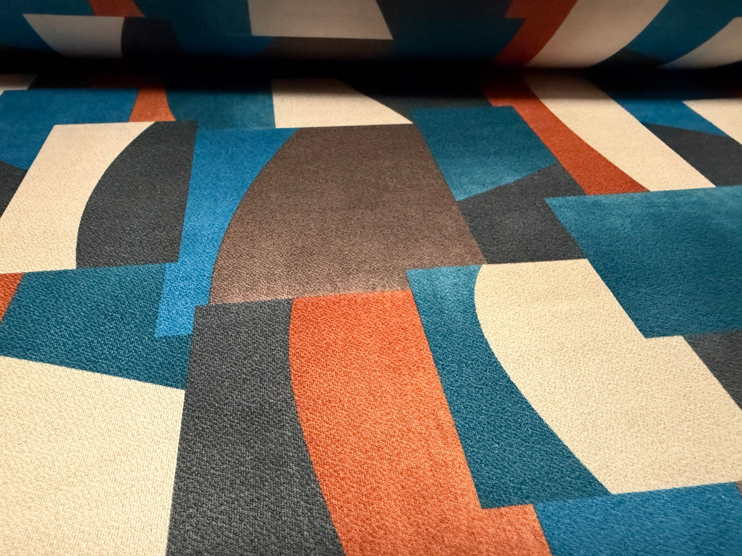 Stretch spandex crepe single jersey dress fabric, per metre - colour block shapes print - teal terracotta & cream