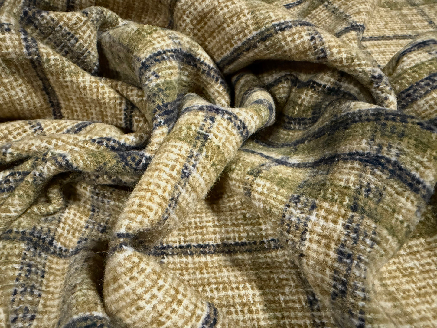 Brushed wool bouclé fabric, per metre - plaid - mustard & moss green