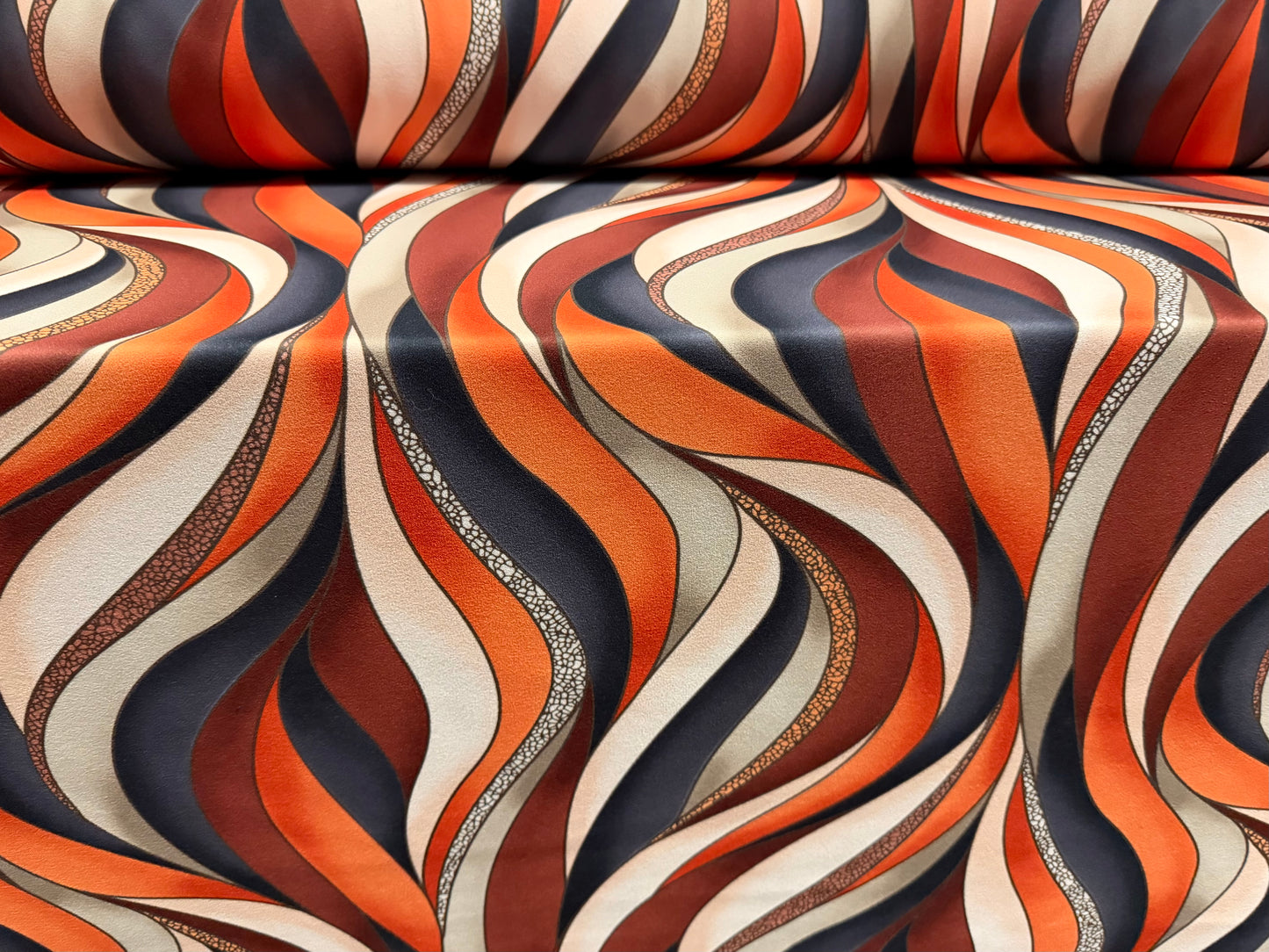 Scuba stretch spandex double jersey dress fabric, per metre - wavy swirl print - cream orange & rust