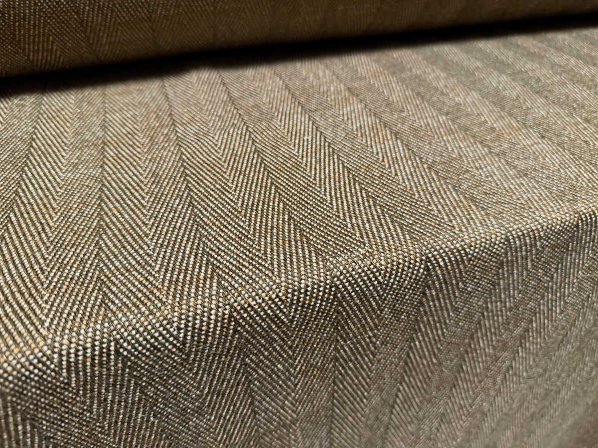 Heavyweight wool tweed fabric, per metre - herringbone pinstripe - olive brown