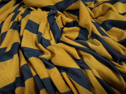 Soft handle single jersey fashion fabric, per metre - stripe - mustard & navy blue