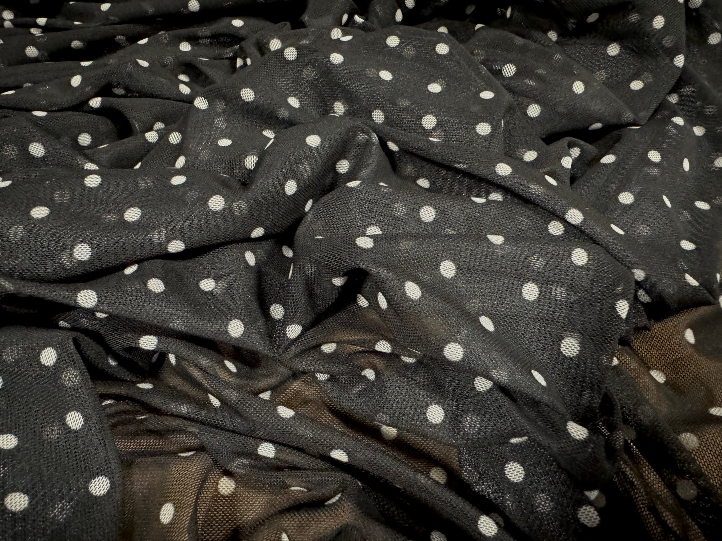 Power mesh net stretch spandex fabric, per metre - small polka dot print - black & white