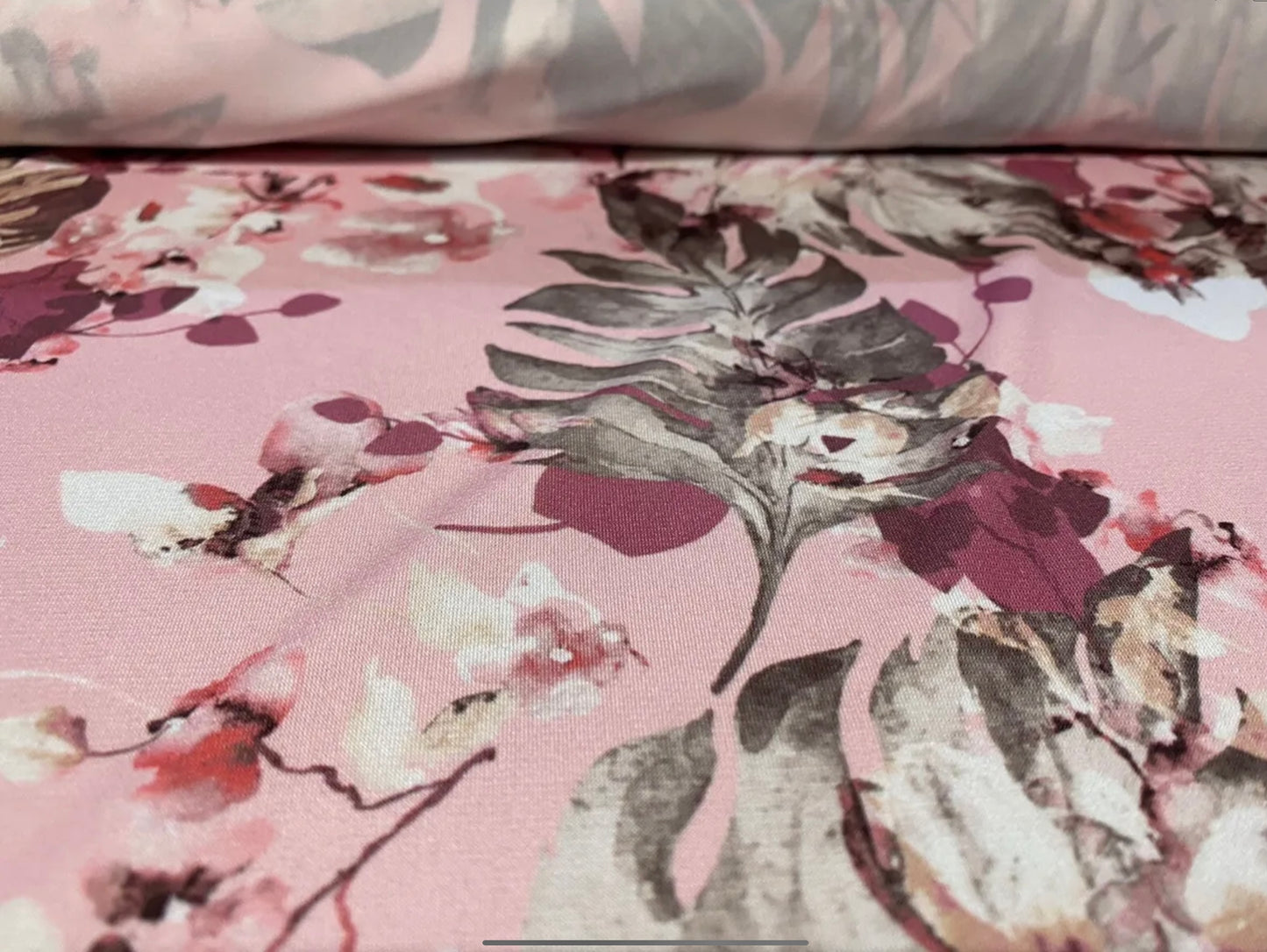 Stretch spandex single jersey fabric, per metre - leaf print - pink & grey