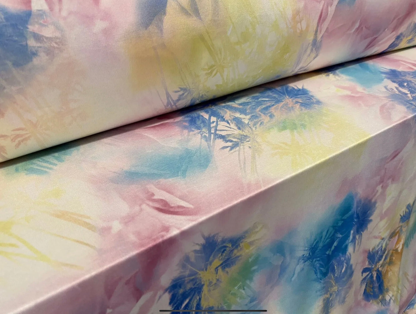 Soft touch stretch spandex single jersey fabric, per metre - Hawaiian palm trees print - multicolour pastels