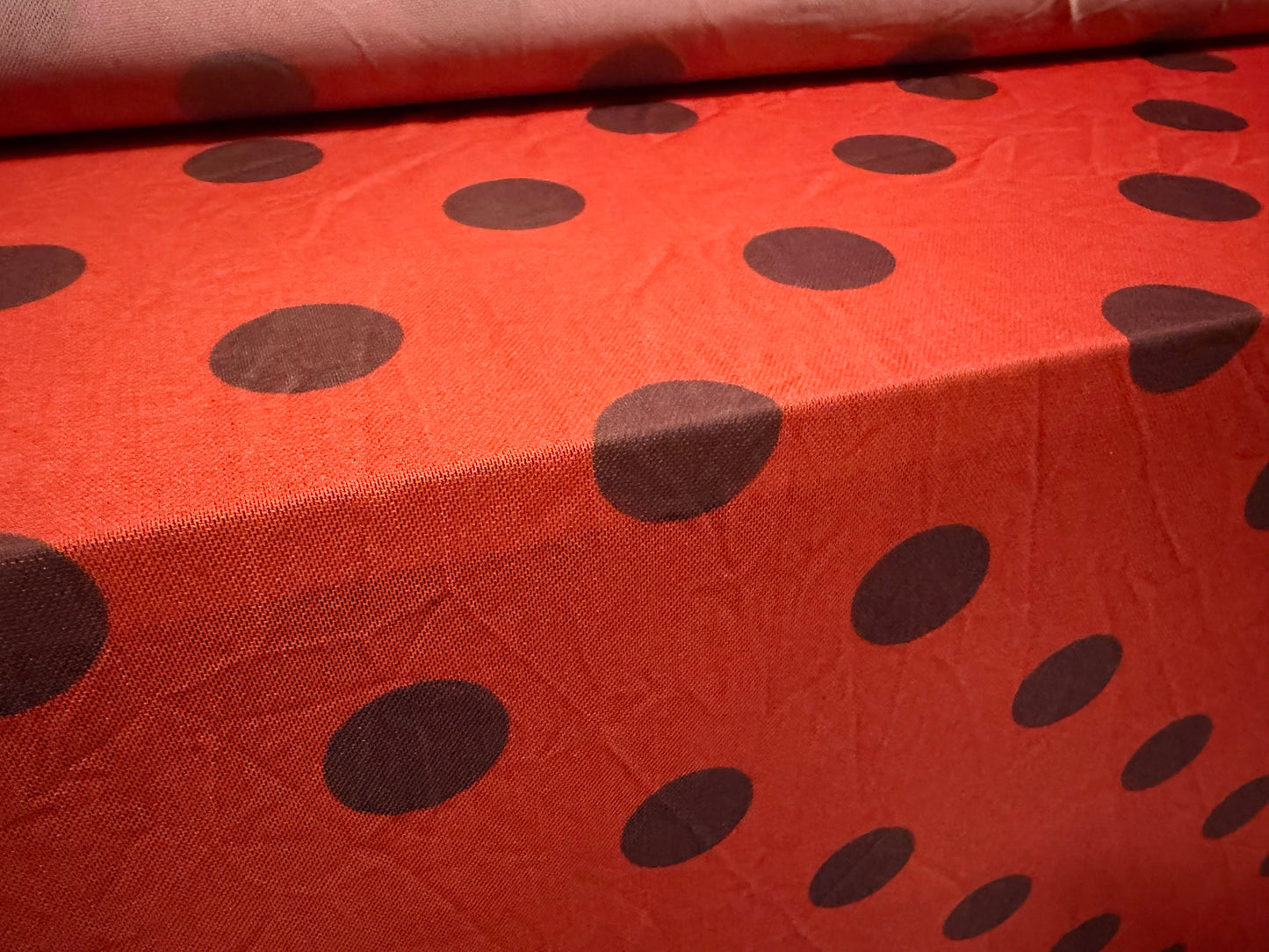 Power mesh net stretch spandex fabric, per metre - ladybug polka dot print - red & black