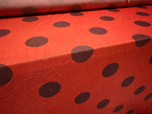 Power mesh net stretch spandex fabric, per metre - ladybug polka dot print - red & black