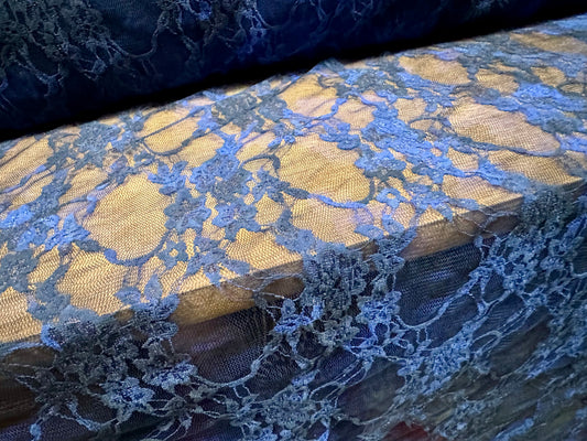 Stretch spandex mesh lace fabric, per metre - floral smudge print - navy & royal blue