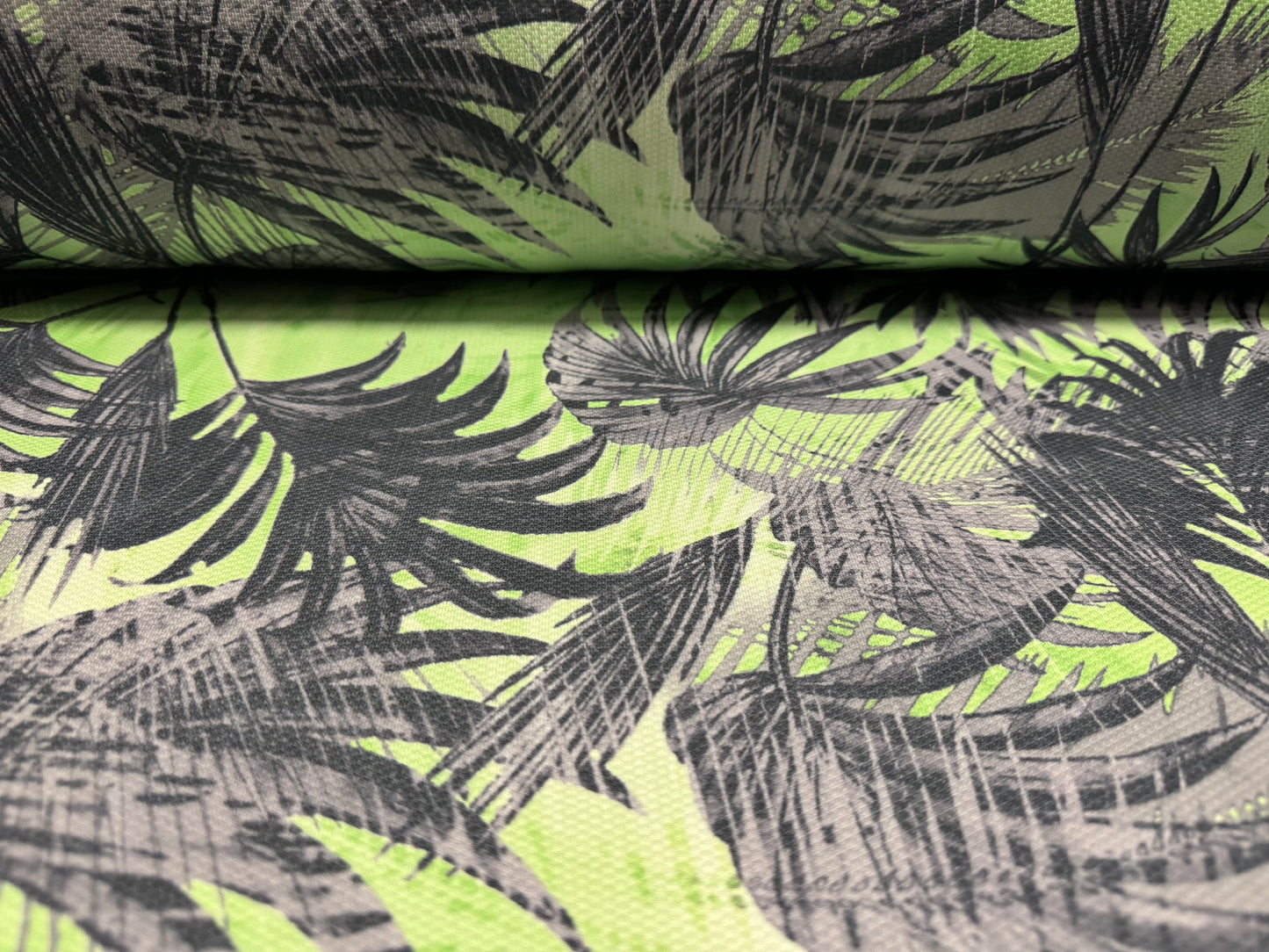 Stretch double jersey piqué fabric, per metre - Palm Tree Fronds print - green & grey