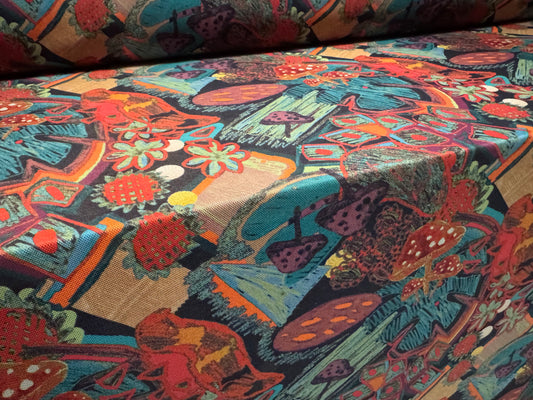 Power mesh net stretch spandex fabric, per metre - magic mushrooms print - orange & jade