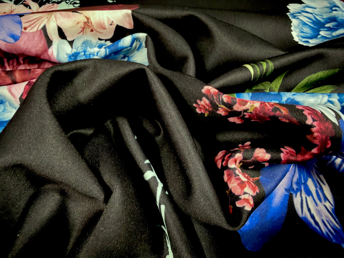 Scuba stretch spandex double jersey fabric, per metre - flourish print - black cobalt & pink