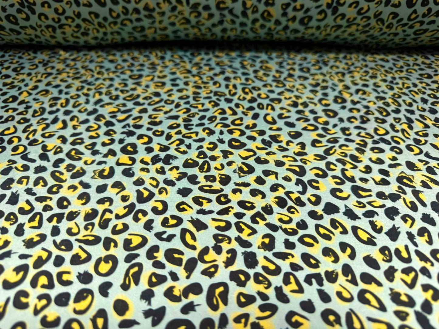Soft touch stretch spandex single jersey fabric, per metre - leopard print - aqua & gold