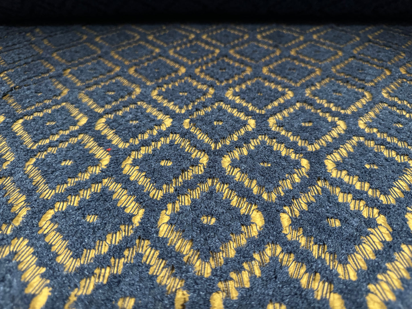 Flocked lace dress fabric, per metre - geometric diamond design - Oxford blue