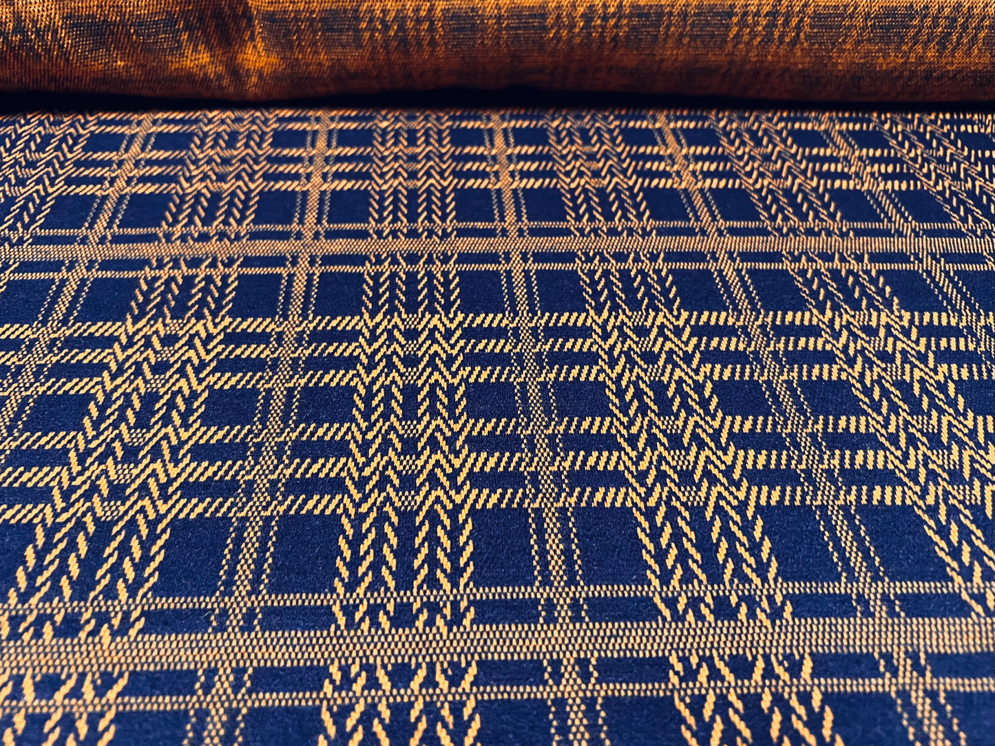 Double jersey knitwear fabric, per metre - check jacquard - navy & copper