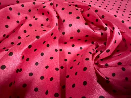 Shantung satin faux silk woven dress fabric, per metre - spot print - cerise pink