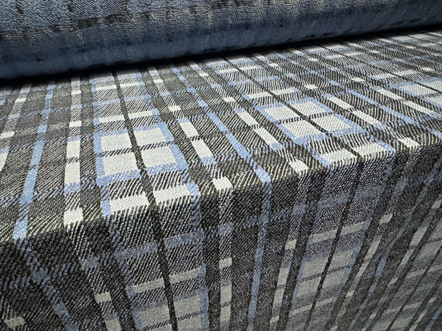 Stretch spandex double jersey fabric, per metre - tartan plaid - blue & grey