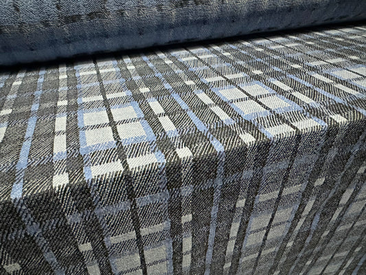 Stretch spandex double jersey fabric, per metre - tartan plaid - blue & grey