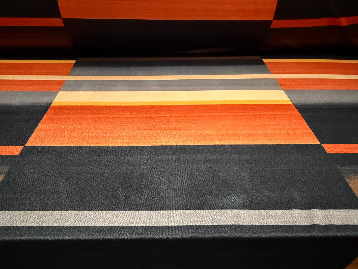 Stretch spandex crepe single jersey dress fabric, per metre - Mondrian geometric print - orange gold & beige