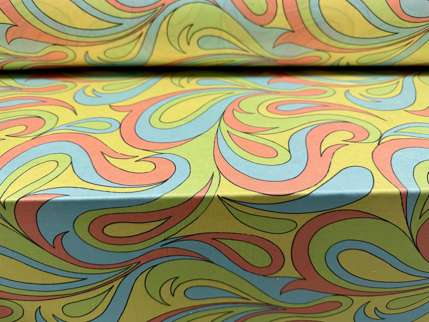 Soft touch stretch spandex single jersey fabric, per metre - Boho swirl print - lime
