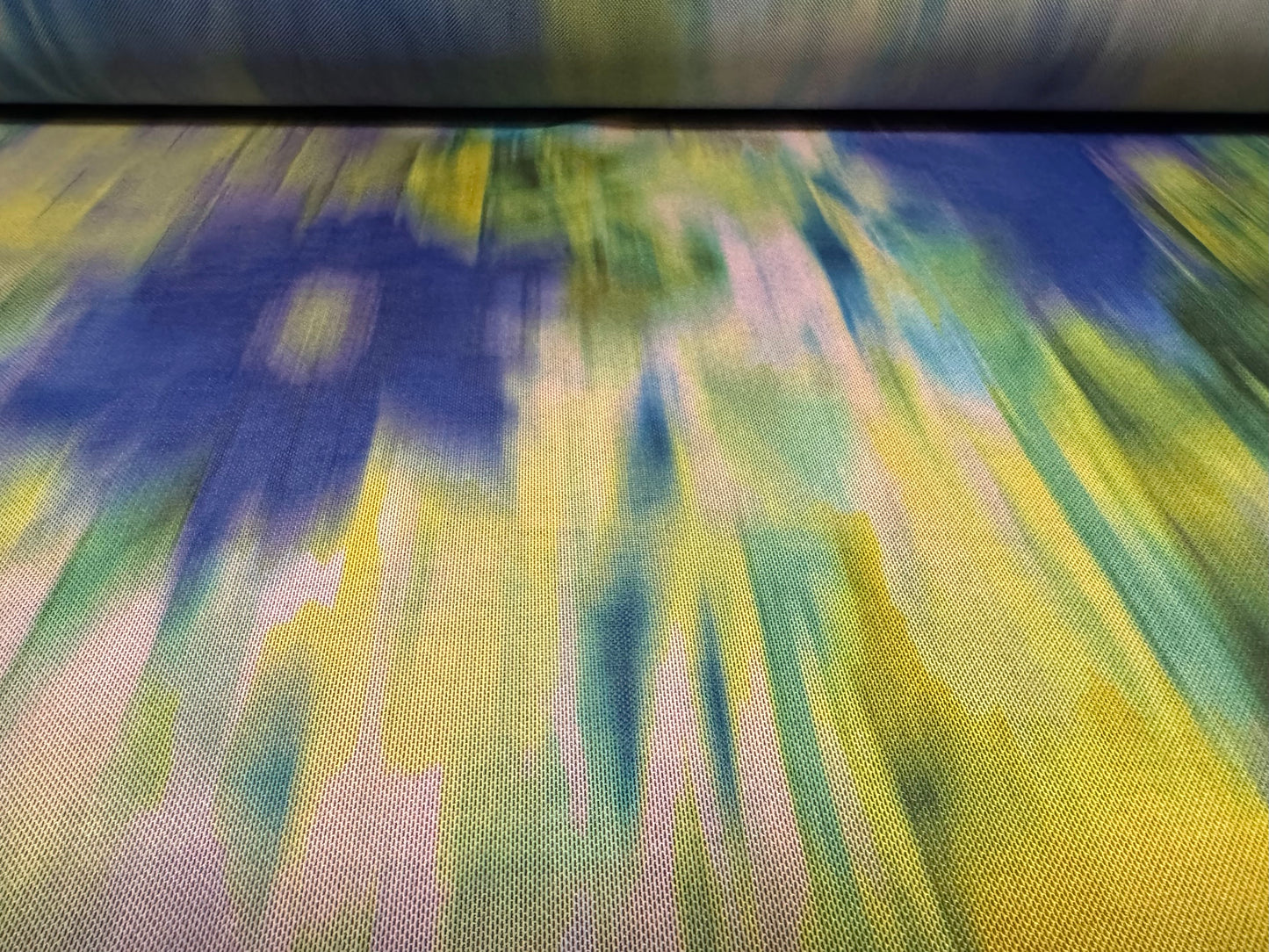 Power mesh net stretch spandex fabric, per metre - abstract print - yellow blue & lilac