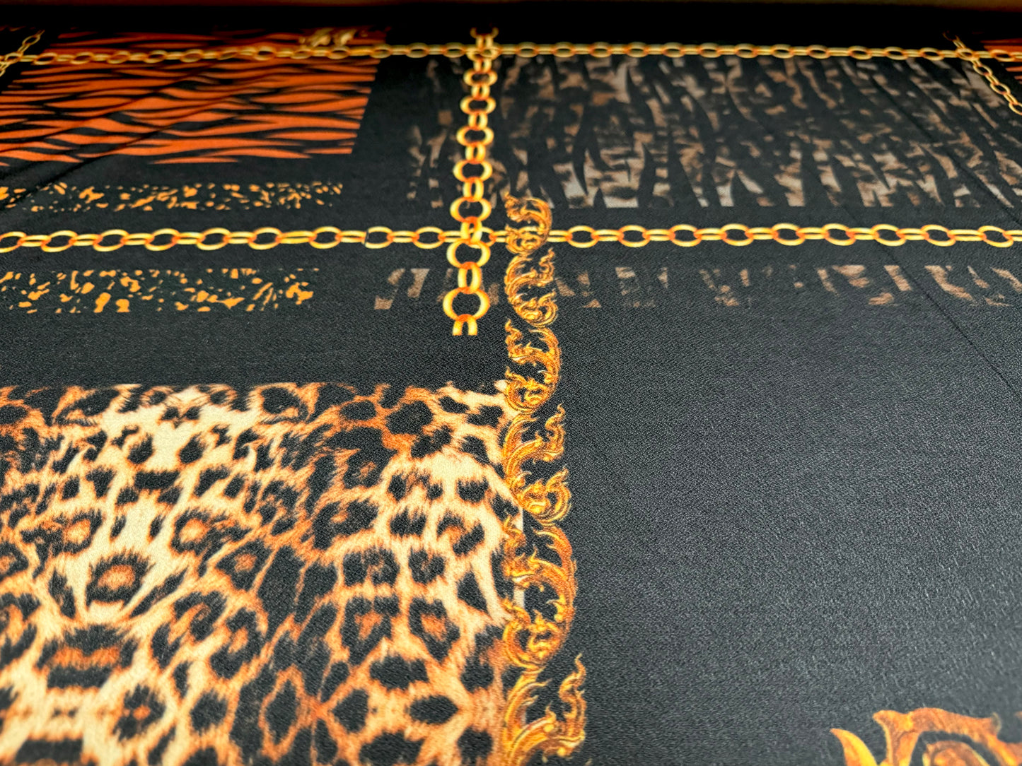 Scuba crepe fabric stretch spandex jersey, per metre - Designer tiger leopard and chains print - black & gold