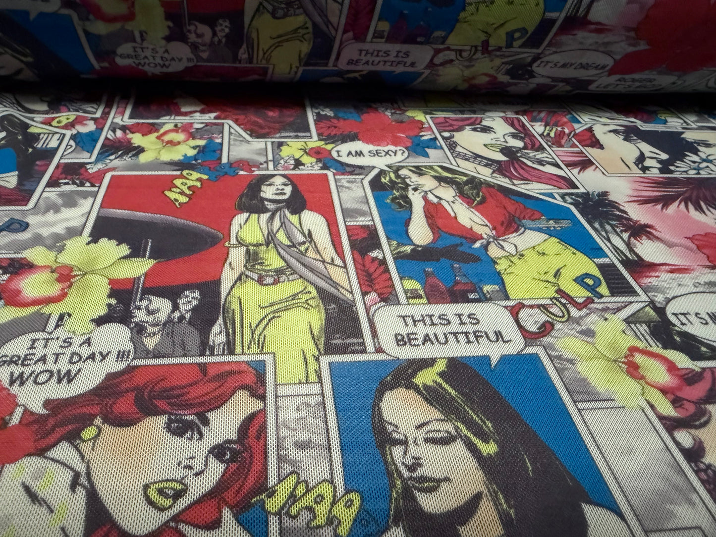 Power mesh net stretch spandex fabric, per metre - comic strip print - blue-grey & red