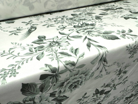 Scuba stretch spandex double jersey dress fabric, per metre - Toile De Jouy print - sage green & white